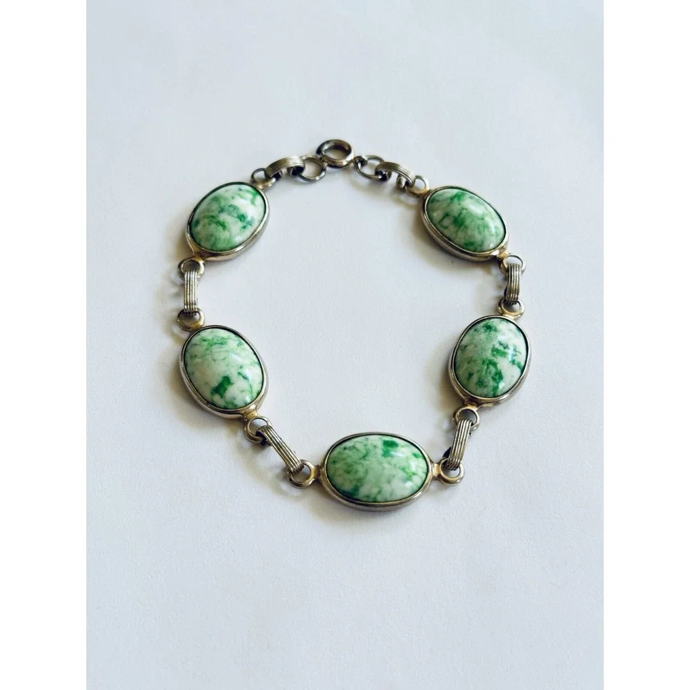 Bracelet VTG Regal Czech Green Glass Cabochon Link Silver Plated Rare Chunky 50s